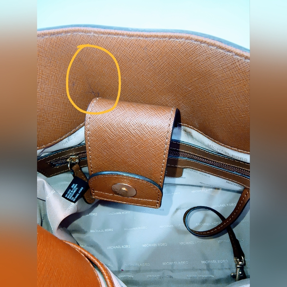 MICHAEL KORS Cognac Hamilton Saffiano Leather Satchel with Gold-Tone Chain Strap - Picture 12 of 16